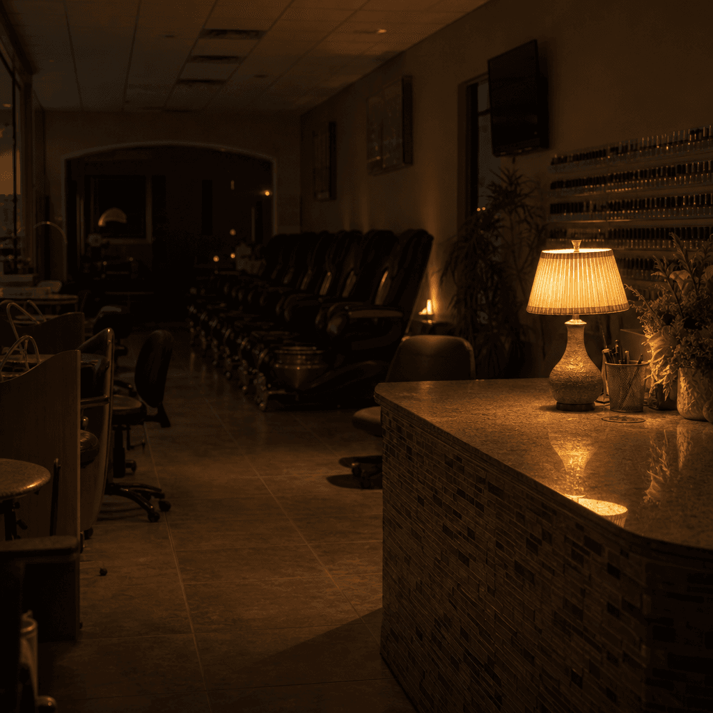 A nail salon after closing, one lamp still on at the front counter